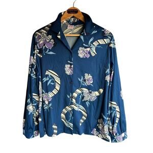 Vintage 70s Blue MOD Psychedelic Disco Hippy Shirt Dagger Collar Blouse Size XL
